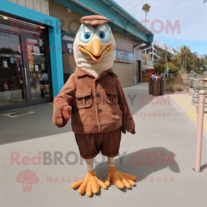 Brown Seagull mascot costume character dressed with a Corduroy Pants and Foot pads