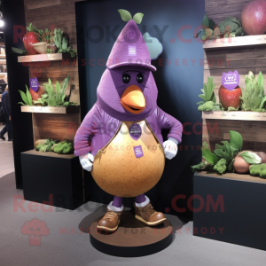 Lavender Pear mascot costume character dressed with a Leather Jacket and Shawl pins