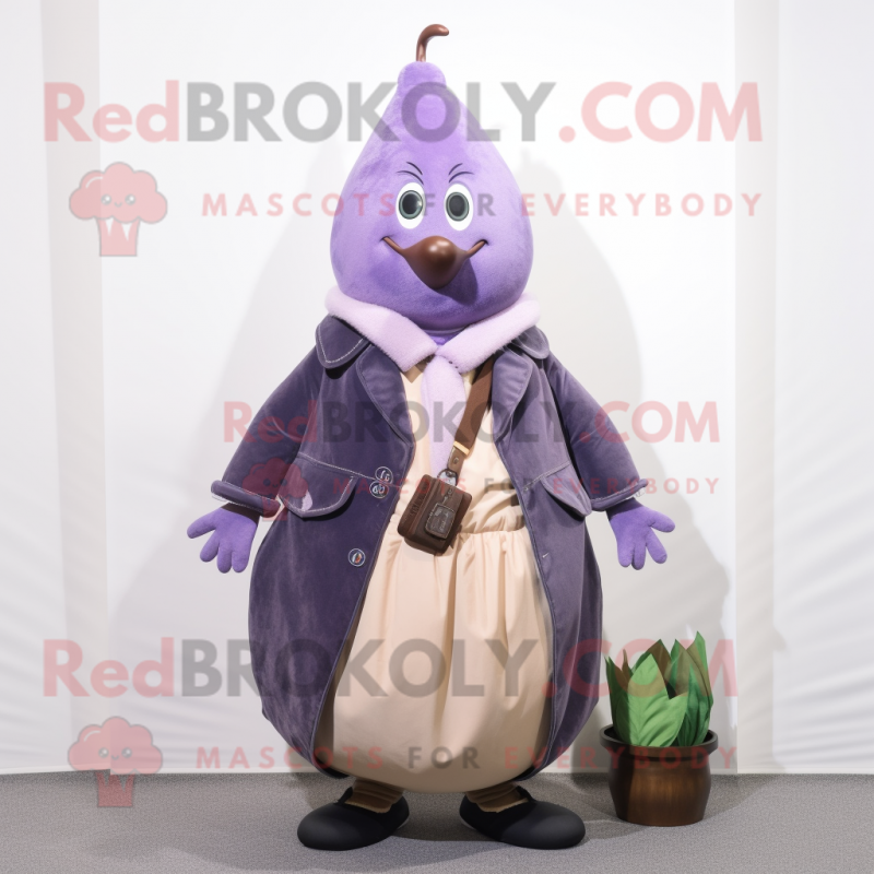 Lavender Pear mascot costume character dressed with a Leather Jacket and Shawl pins