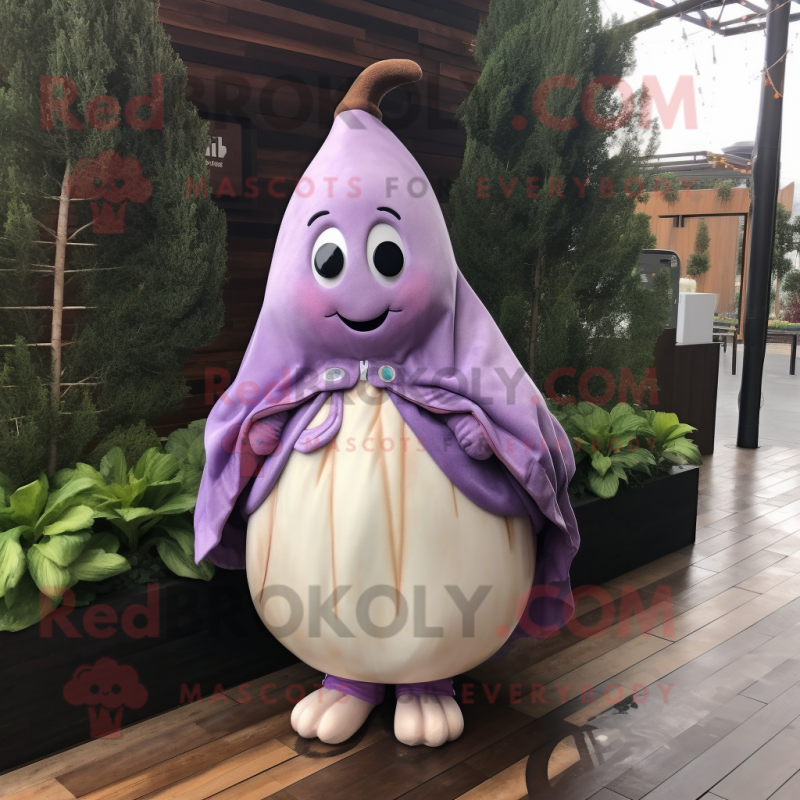 Lavender Pear mascot costume character dressed with a Leather Jacket and Shawl pins