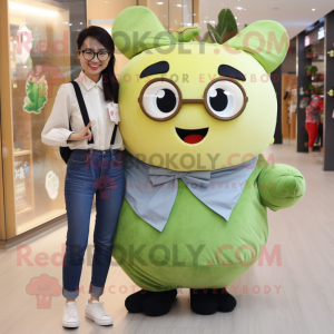 Olive Dim Sum mascot costume character dressed with a Boyfriend Jeans and Bow ties