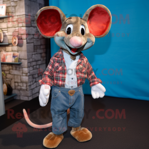 Rust Mouse mascot costume character dressed with a Boyfriend Jeans and Lapel pins