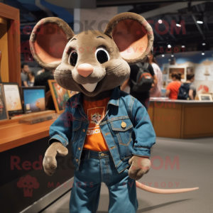 Rust Mouse mascot costume character dressed with a Boyfriend Jeans and Lapel pins