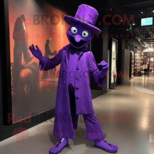 Purple Stilt Walker mascot costume character dressed with a Trousers and Gloves