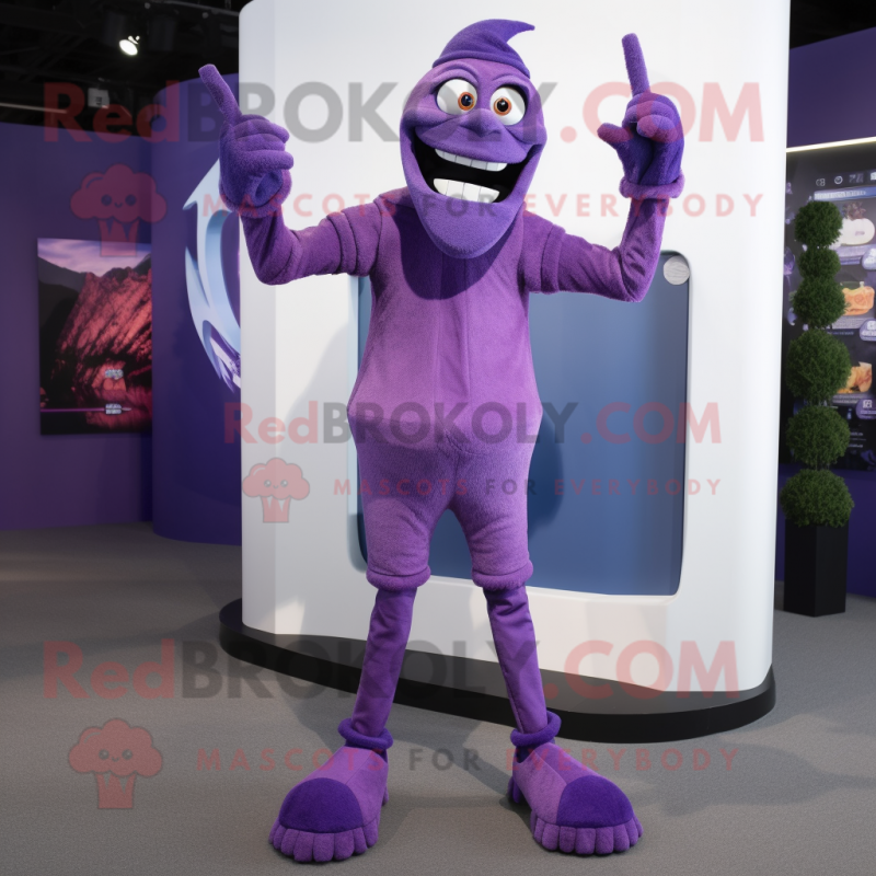 Purple Stilt Walker mascot costume character dressed with a Trousers and Gloves Purple Stilt Walker mascot costume character dressed with a Trousers and Gloves