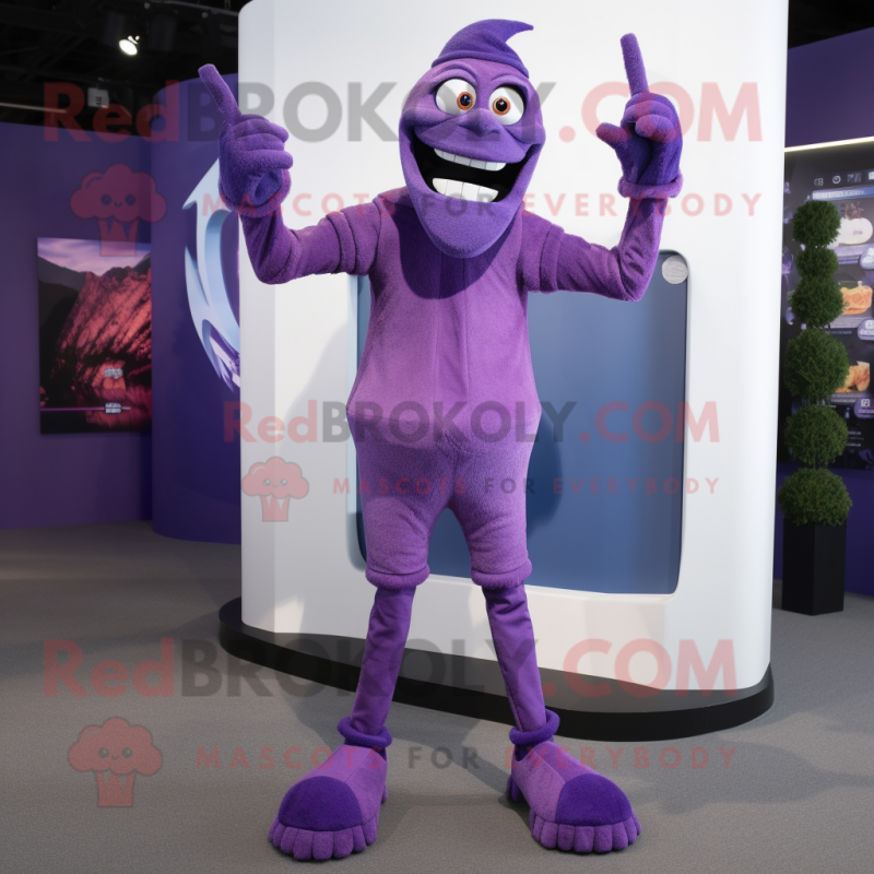 Purple Stilt Walker mascot costume character dressed with a Trousers and Gloves