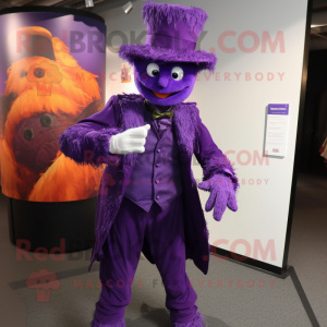 Purple Stilt Walker mascot costume character dressed with a Trousers and Gloves