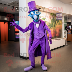 Purple Stilt Walker mascot costume character dressed with a Trousers and Gloves