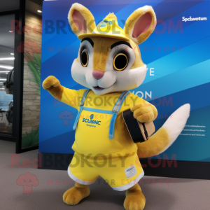 Lemon Yellow Squirrel mascot costume character dressed with a Board Shorts and Wallets