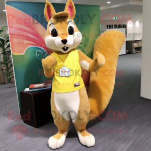 Lemon Yellow Squirrel mascot costume character dressed with a Board Shorts and Wallets