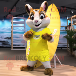 Lemon Yellow Squirrel mascot costume character dressed with a Board Shorts and Wallets