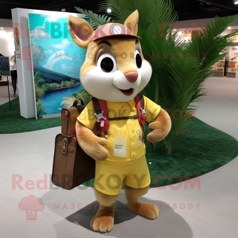 Lemon Yellow Squirrel mascot costume character dressed with a Board Shorts and Wallets