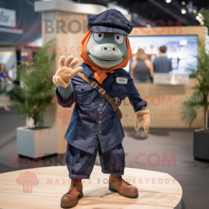 Navy Salmon mascot costume character dressed with a Cargo Shorts and Berets