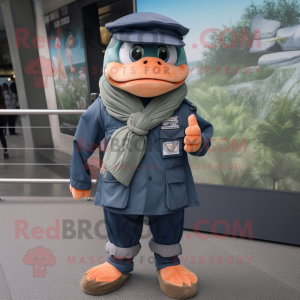 Navy Salmon mascot costume character dressed with a Cargo Shorts and Berets