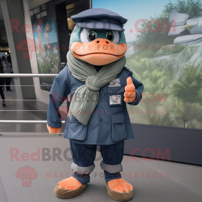 Navy Salmon mascot costume character dressed with a Cargo Shorts and Berets