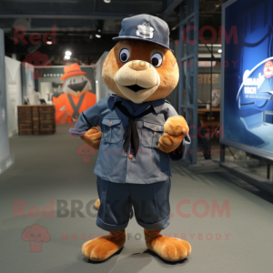 Navy Salmon mascot costume character dressed with a Cargo Shorts and Berets