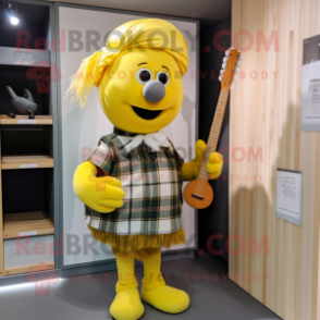 Yellow Bagpipe mascot costume character dressed with a Flannel Shirt and Pocket squares