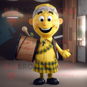 Yellow Bagpipe mascot costume character dressed with a Flannel Shirt and Pocket squares