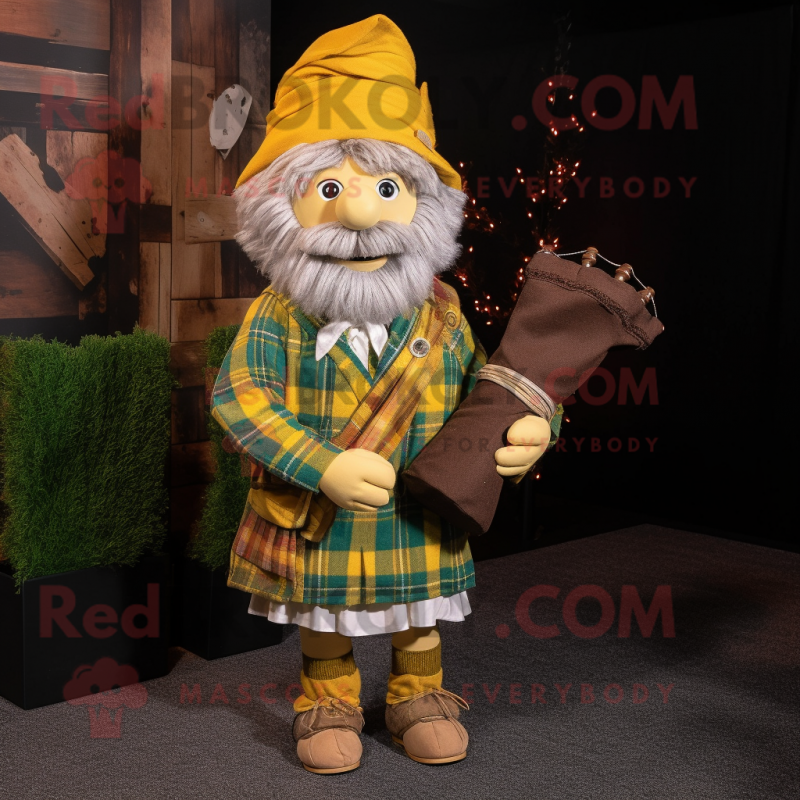 Yellow Bagpipe mascot costume character dressed with a Flannel Shirt and Pocket squares
