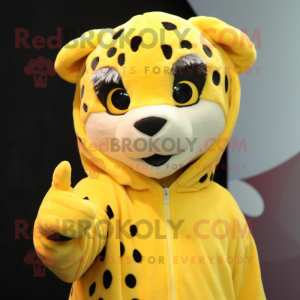 Yellow Cheetah mascot costume character dressed with a Hoodie and Hair clips