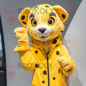 Yellow Cheetah mascot costume character dressed with a Hoodie and Hair clips