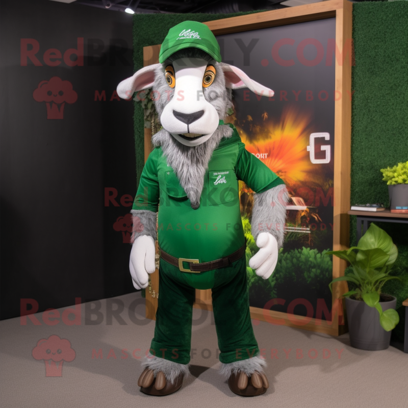 Forest Green Boer Goat mascot costume character dressed with a Flare Jeans and Headbands