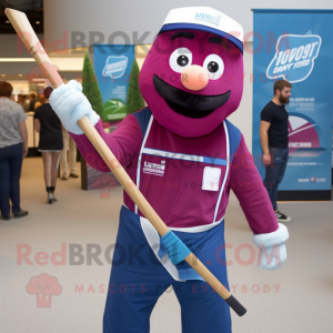 Magenta Ice Hockey Stick mascot costume character dressed with a Denim Shirt and Backpacks