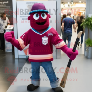 Magenta Ice Hockey Stick mascot costume character dressed with a Denim Shirt and Backpacks