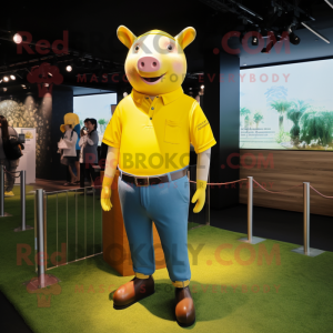 Yellow Pig mascot costume character dressed with a Polo Shirt and Cufflinks