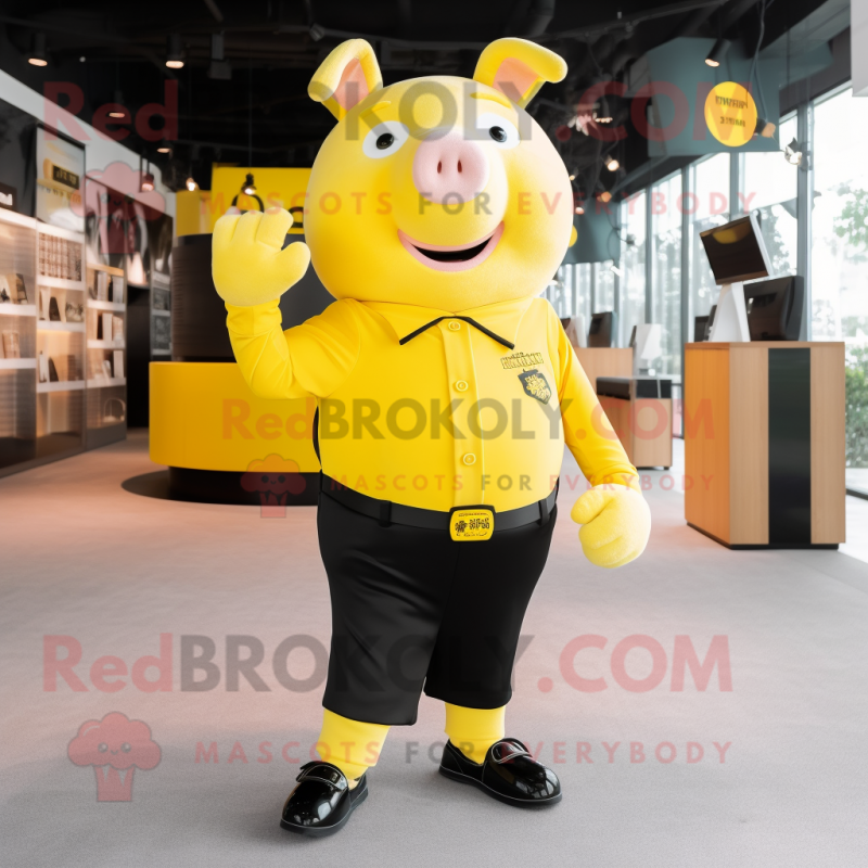 Yellow Pig mascot costume character dressed with a Polo Shirt and Cufflinks