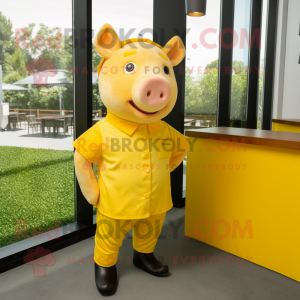 Yellow Pig mascot costume character dressed with a Polo Shirt and Cufflinks