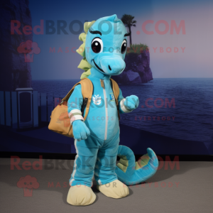 Cyan Seahorse mascot costume character dressed with a Corduroy Pants and Keychains