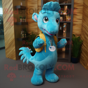 Cyan Seahorse mascot costume character dressed with a Corduroy Pants and Keychains