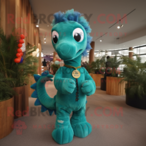 Cyan Seahorse mascot costume character dressed with a Corduroy Pants and Keychains