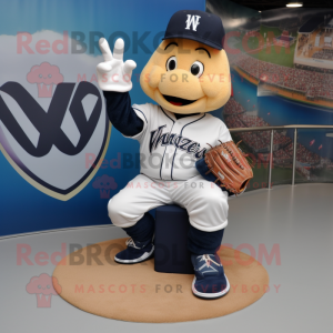 Navy Baseball Glove mascot costume character dressed with a V-Neck Tee and Shoe clips