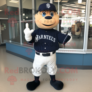 Navy Baseball Glove mascot costume character dressed with a V-Neck Tee and Shoe clips