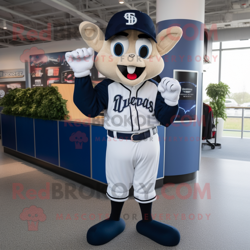 Navy Baseball Glove mascot costume character dressed with a V-Neck Tee and Shoe clips