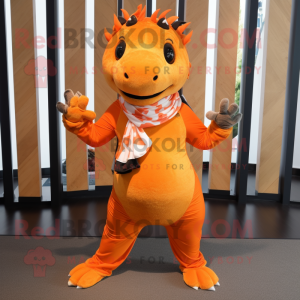 Orange Ankylosaurus mascot costume character dressed with a Yoga Pants and Scarves
