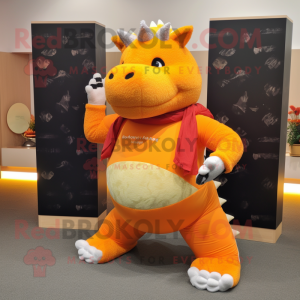 Orange Ankylosaurus mascot costume character dressed with a Yoga Pants and Scarves