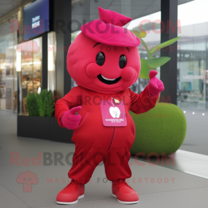 Magenta Apple mascot costume character dressed with a Jumpsuit and Caps