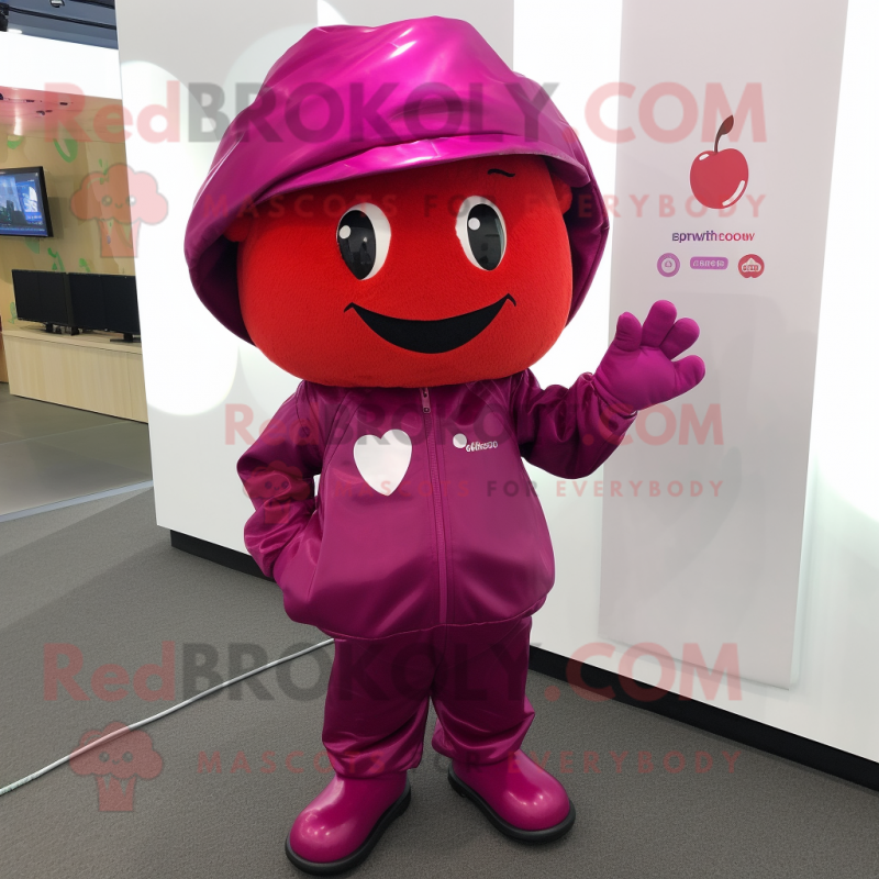 Magenta Apple mascot costume character dressed with a Jumpsuit and Caps Magenta Apple mascot costume character dressed with a Jumpsuit and Caps