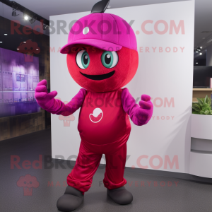 Magenta Apple mascot costume character dressed with a Jumpsuit and Caps