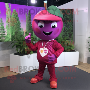 Magenta Apple mascot costume character dressed with a Jumpsuit and Caps