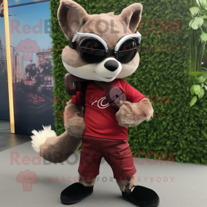 Maroon Flying Squirrel mascot costume character dressed with a Jeggings and Sunglasses