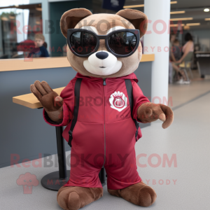 Maroon Flying Squirrel mascot costume character dressed with a Jeggings and Sunglasses