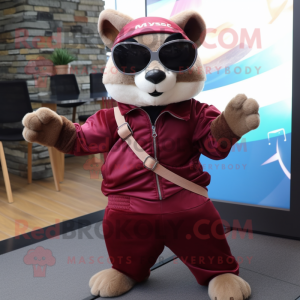 Maroon Flying Squirrel mascot costume character dressed with a Jeggings and Sunglasses
