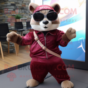 Maroon Flying Squirrel mascot costume character dressed with a Jeggings and Sunglasses