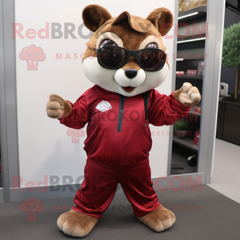 Maroon Flying Squirrel mascot costume character dressed with a Jeggings and Sunglasses Maroon Flying Squirrel mascot costume character dressed with a Jeggings and Sunglasses