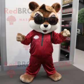 Maroon Flying Squirrel mascot costume character dressed with a Jeggings and Sunglasses