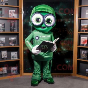 Forest Green Astronaut mascot costume character dressed with a A-Line Skirt and Reading glasses